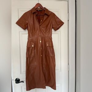 Zara Woman Brown Faux Leather Short Sleeved Button-Up Midi Dress Sz XS